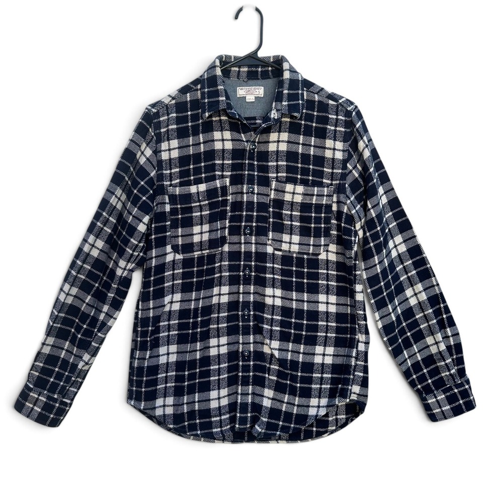 Wallace & Barnes J Crew Mens Flannel Shirt Small Navy Plaid Cotton Workshirt